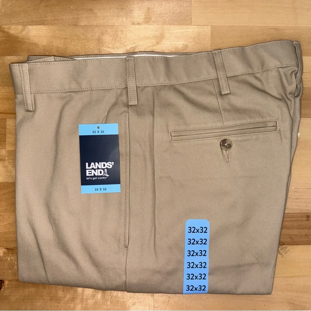 Men's Lands End Flat-Front Wrinkle Resistant Chino Dress Pants - Khaki NWT 32/32 - Picture 5 of 5
